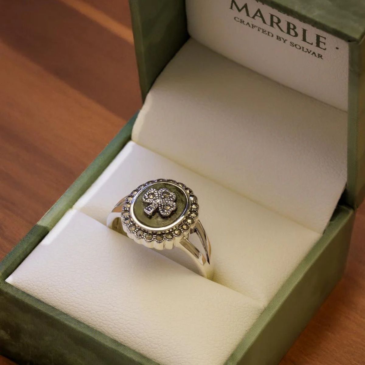 Sterling Silver Marcasite Shamrock Marble Ring - Creative Irish Gifts