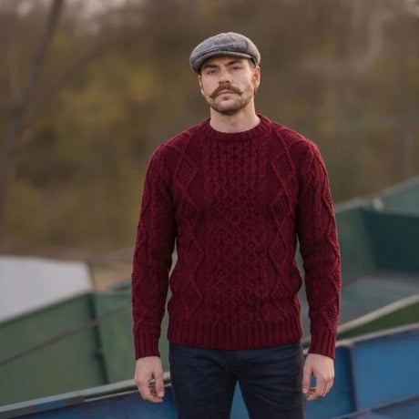 Men's Heritage Crew Neck Aran Sweater Wine Lifestyle Creative Irish Gifts