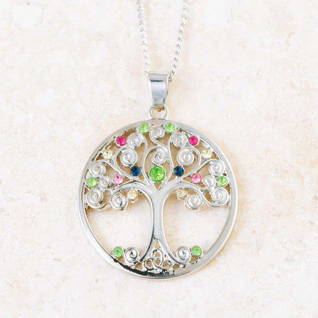 Rhodium Plated Crystal Tree Of Life Necklace