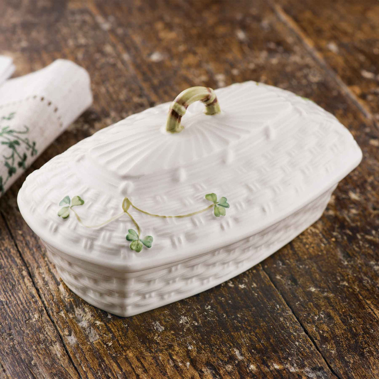Belleek Classic Shamrock Butter Dish Irish Porcelain Elegance