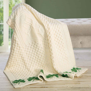 Aran Knit Shamrock Wool Throw Blanket - Creative Irish Gifts