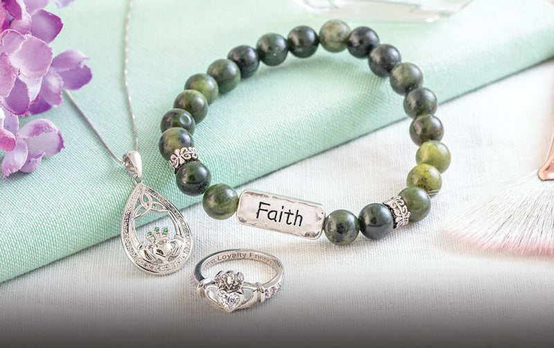 Irish Jewelry - Claddagh Silver Ring and Necklace and Connemara Beads Faith Bracelet
