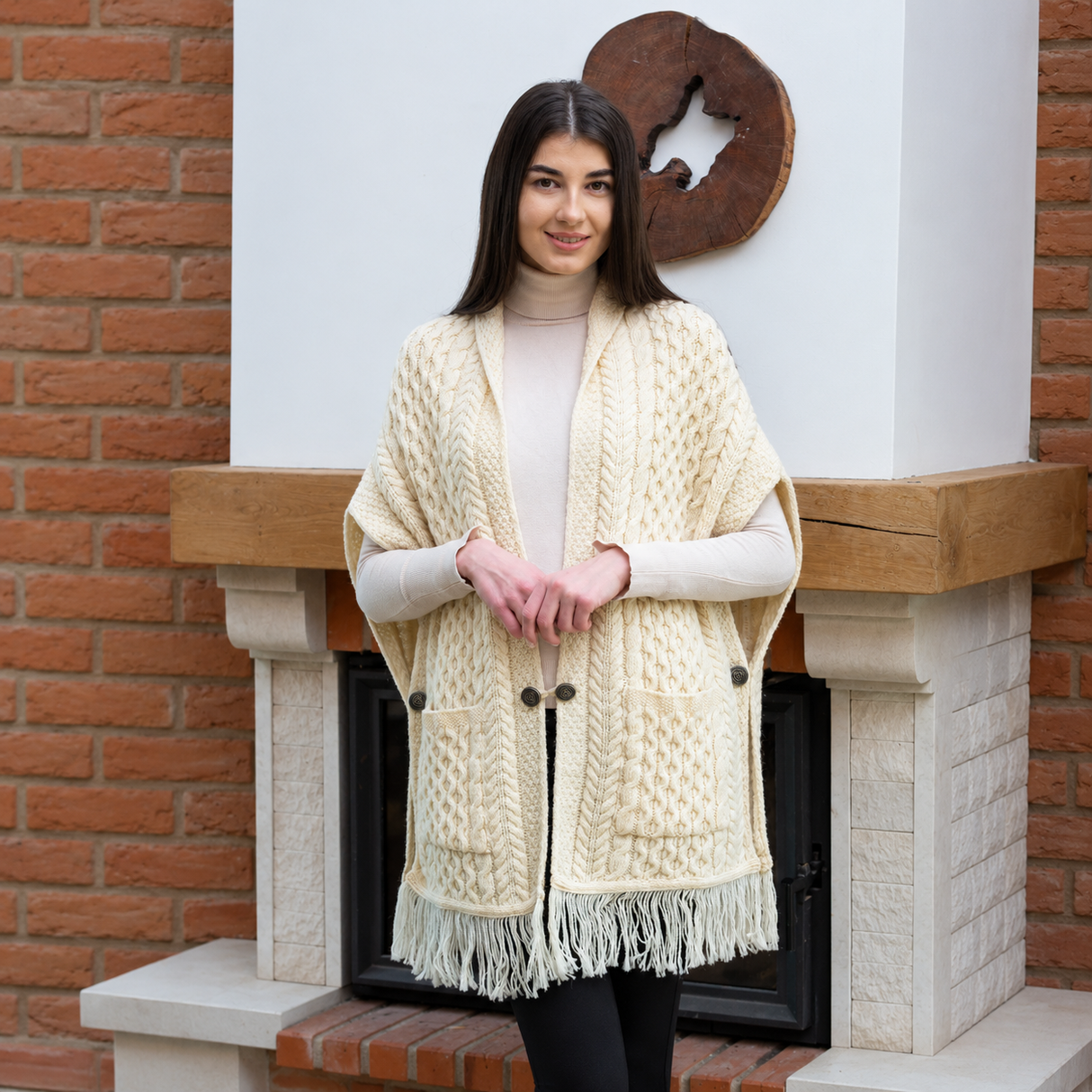 Merino Wool Aran Shawl with Pockets
