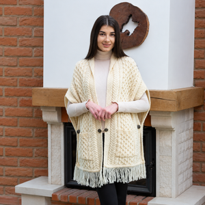 Merino Wool Aran Shawl with Pockets