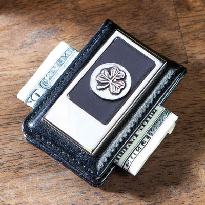Leather and Pewter Shamrock Money Clip - Creative Irish Gifts
