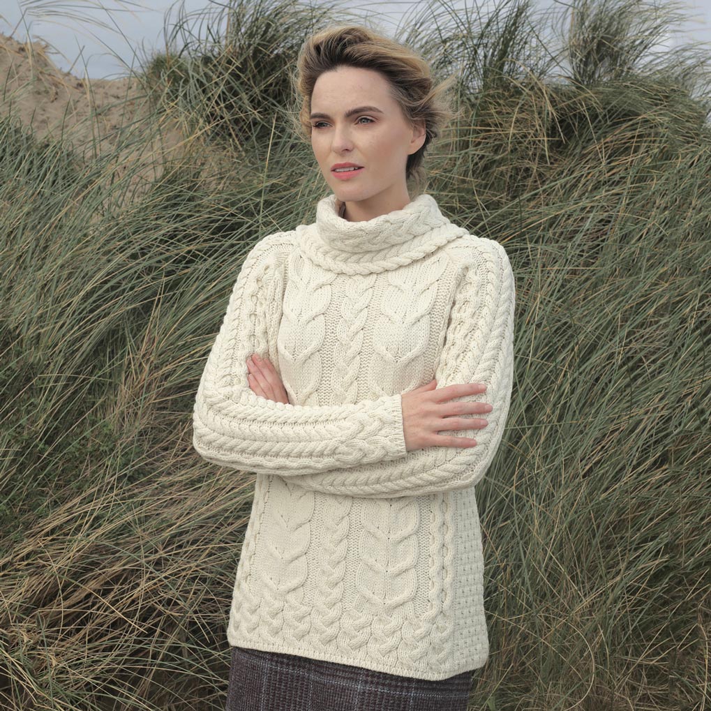 Roll Neck Aran Knit Sweater- Cream– Creative Irish Gifts