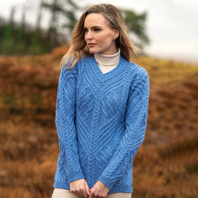 V-Neck Irish Aran Knit Sweater- Wedgewood Blue - Creative Irish Gifts