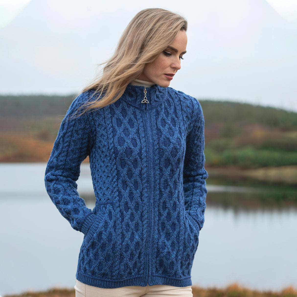 Zip Up Irish Aran Cardigan, Marl Blue, 100% Merino Wool - Creative Irish Gifts