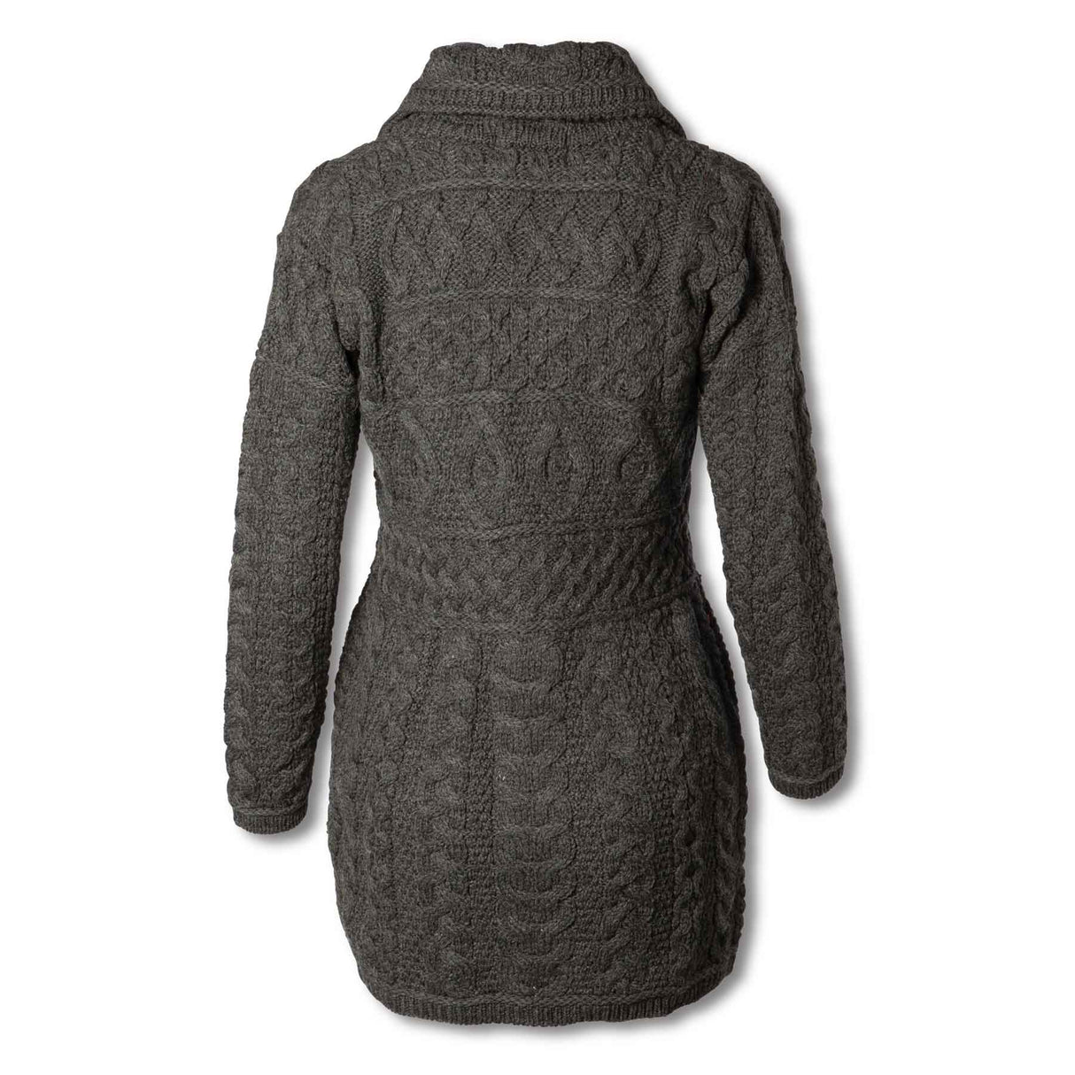 Aran Wool Sweater Jacket with Oversized Collar - Charcoal - 100% Merino Wool - Creative Irish Gifts