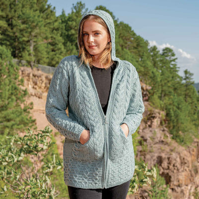 Aran Wool Long Cardigan - Zip Up - Seafoam - Creative Irish Gifts