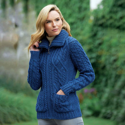 Zip Up Aran Knit Cardigan - Blue - Creative Irish Gifts