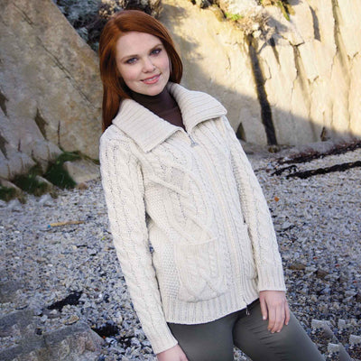Zip Up Irish Aran Knit Cardigan- Oatmeal - Creative Irish Gifts