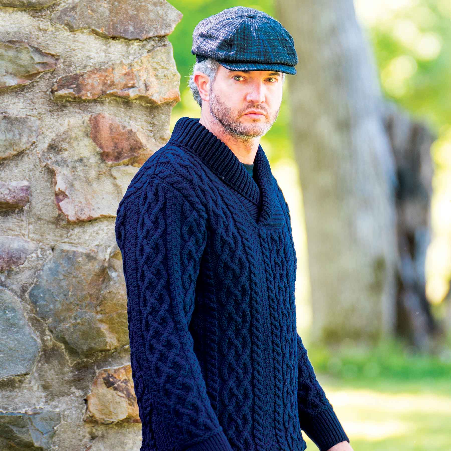 Shawl Collar Aran Knit Sweater Navy