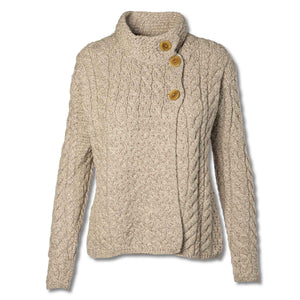 Side Button Irish Aran Cardigan, Oatmeal, 100% Merino Wool - Creative Irish Gifts