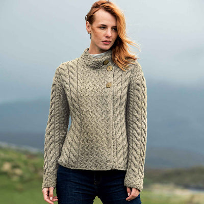 Side Button Irish Aran Cardigan, Oatmeal, 100% Merino Wool - Creative Irish Gifts
