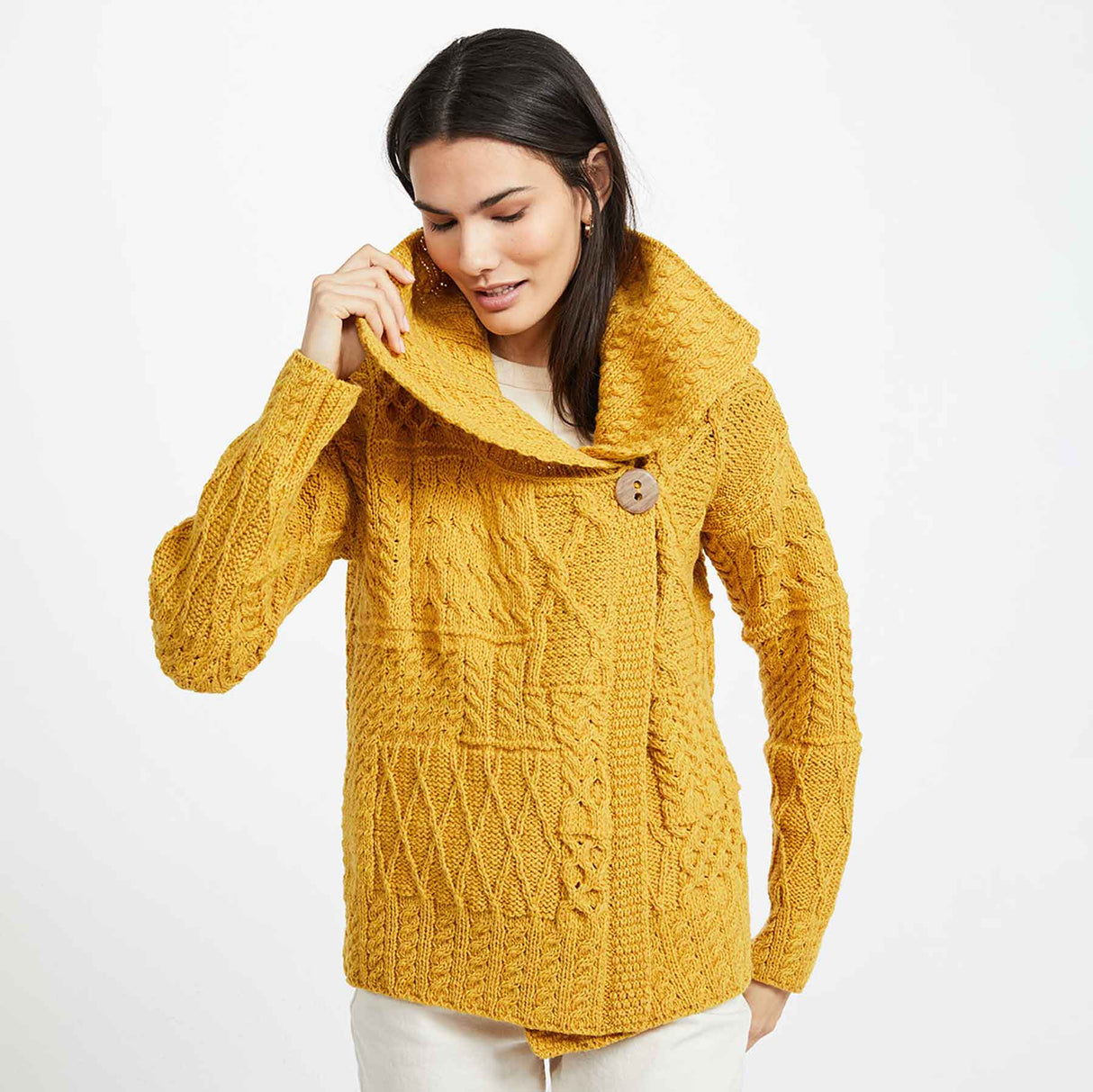 Aran Knit Patchwork Cardigan Mustard Yellow