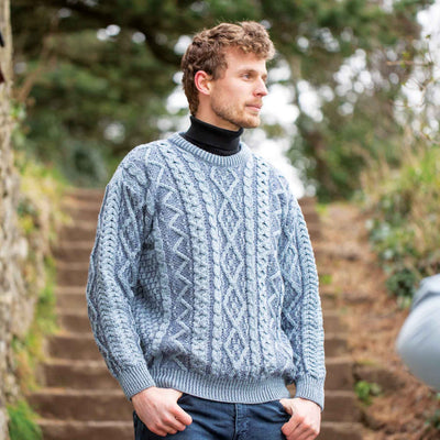 Aran Knit Plaited Crewneck Sweater - Blue - Creative Irish Gifts