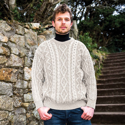 Aran Knit Plaited Crewneck Sweater, Oatmeal - Creative Irish Gifts