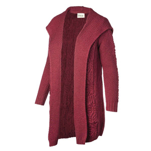 Hooded Aran Knit Long Cardigan- Berry - Creative Irish Gifts