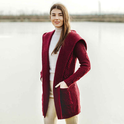 Hooded Aran Knit Long Cardigan- Berry - Creative Irish Gifts