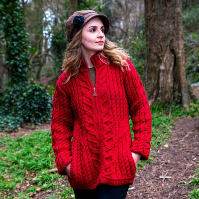Zip Up Aran Knit Cardigan, Cherry - Creative Irish Gifts