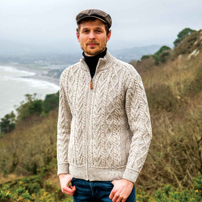 Men's Zip Up Aran Knit Cardigan - Oatmeal - Creative Irish Gifts