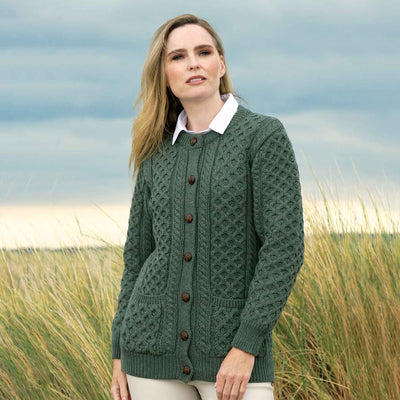 Leather Button Aran Knit Cardigan, Tundra - Creative Irish Gifts