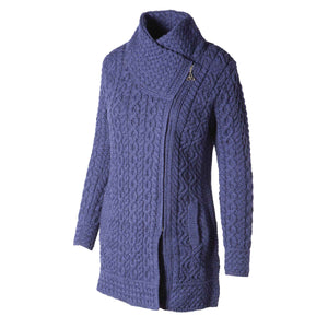 Side Zip Aran Knit Jacket with Shawl Collar, Midnight Blue - Creative Irish Gifts