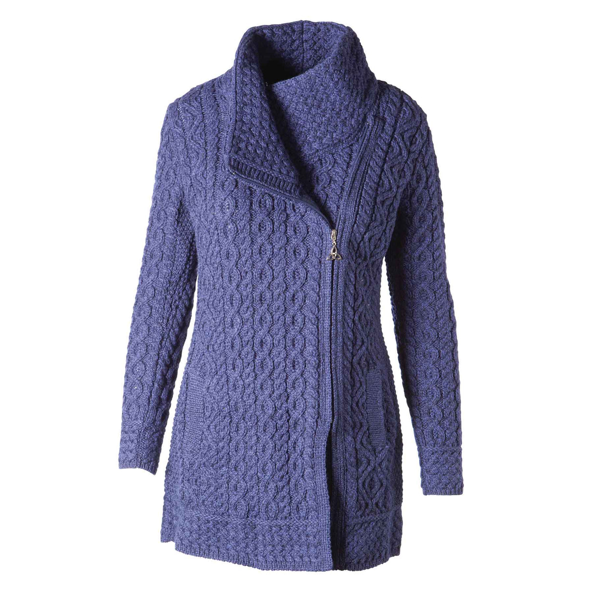 Side Zip Aran Knit Jacket with Shawl Collar, Midnight Blue - Creative Irish Gifts