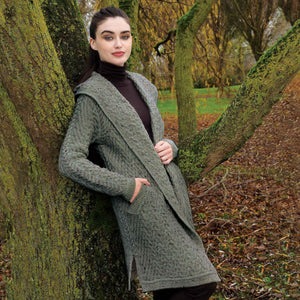 Hooded Aran Knit Long Cardigan- Tundra - Creative Irish Gifts