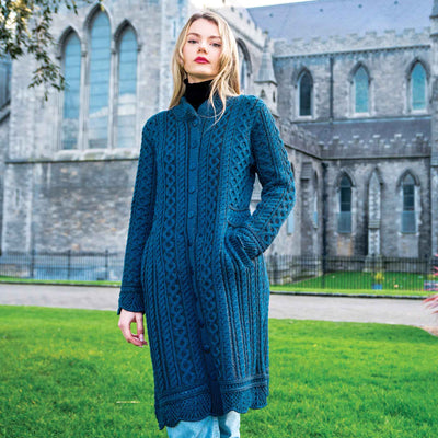Aran Knit Long Cardigan - Button Up - 100% Merino Wool - Creative Irish Gifts