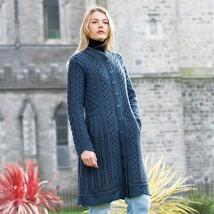 Aran Knit Long Cardigan - Button Up - 100% Merino Wool - Creative Irish Gifts