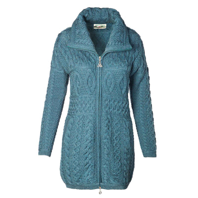 Zip Up Aran Knit Coat- Peacock - Creative Irish Gifts