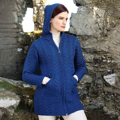 Zip Up Hooded Aran Knit Jacket, Marl Blue - Creative Irish Gifts