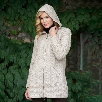 Zip Up Hooded Aran Knit Jacket, Oatmeal - Creative Irish Gifts