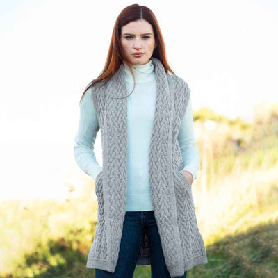 Aran Knit Long Vest, Soft Grey - Creative Irish Gifts
