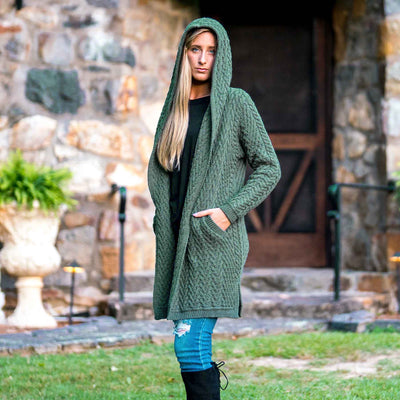 Hooded Aran Knit Long Cardigan- Tundra - Creative Irish Gifts