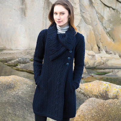 Chunky Collar Aran Knit Coat- Navy - Creative Irish Gifts