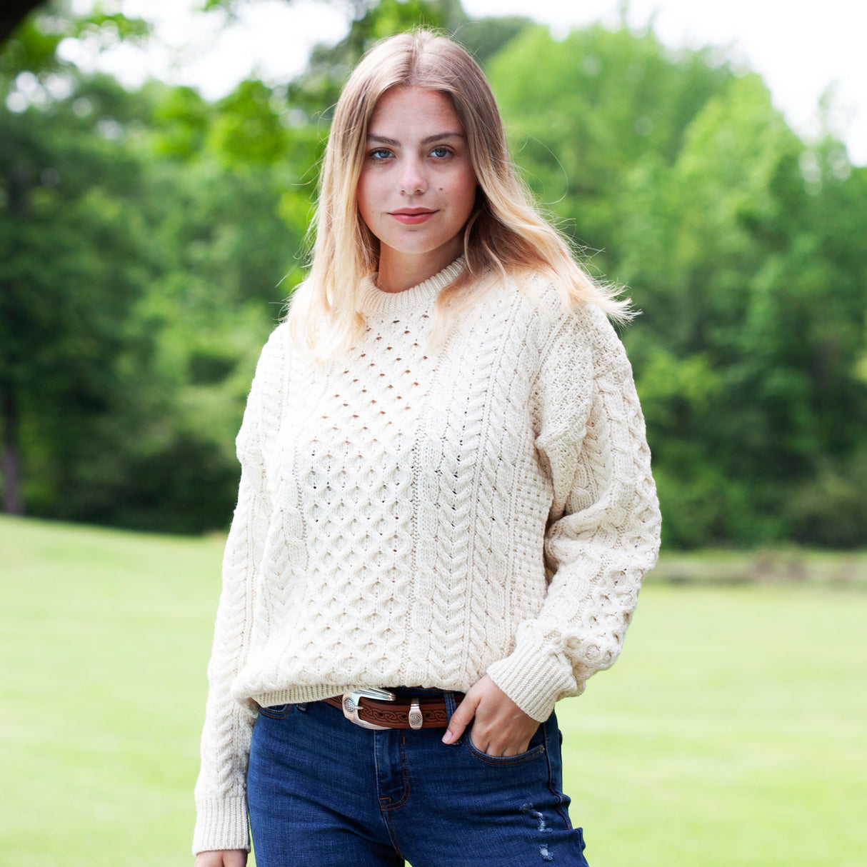 Classic Crew Neck Aran Sweater- Cream - Main Image