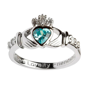Irish Claddagh Ring - Sterling Silver with March Birthstone - Creative Irish Gifts