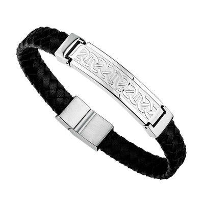 Steel and Black Leather Celtic Knot Bracelet - Creative Irish Gifts