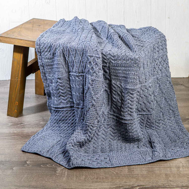 Aran Knit Patchwork Blanket- Blue - Creative Irish Gifts