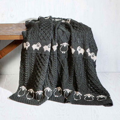 Aran Knit Sheep Blanket - Black with Sheep Pattern - Creative Irish Gifts