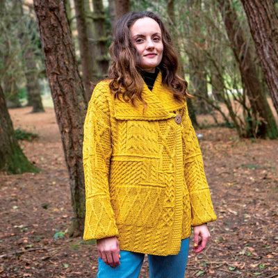 Aran Knit Patchwork Cardigan - Mustard Yellow - Creative Irish Gifts