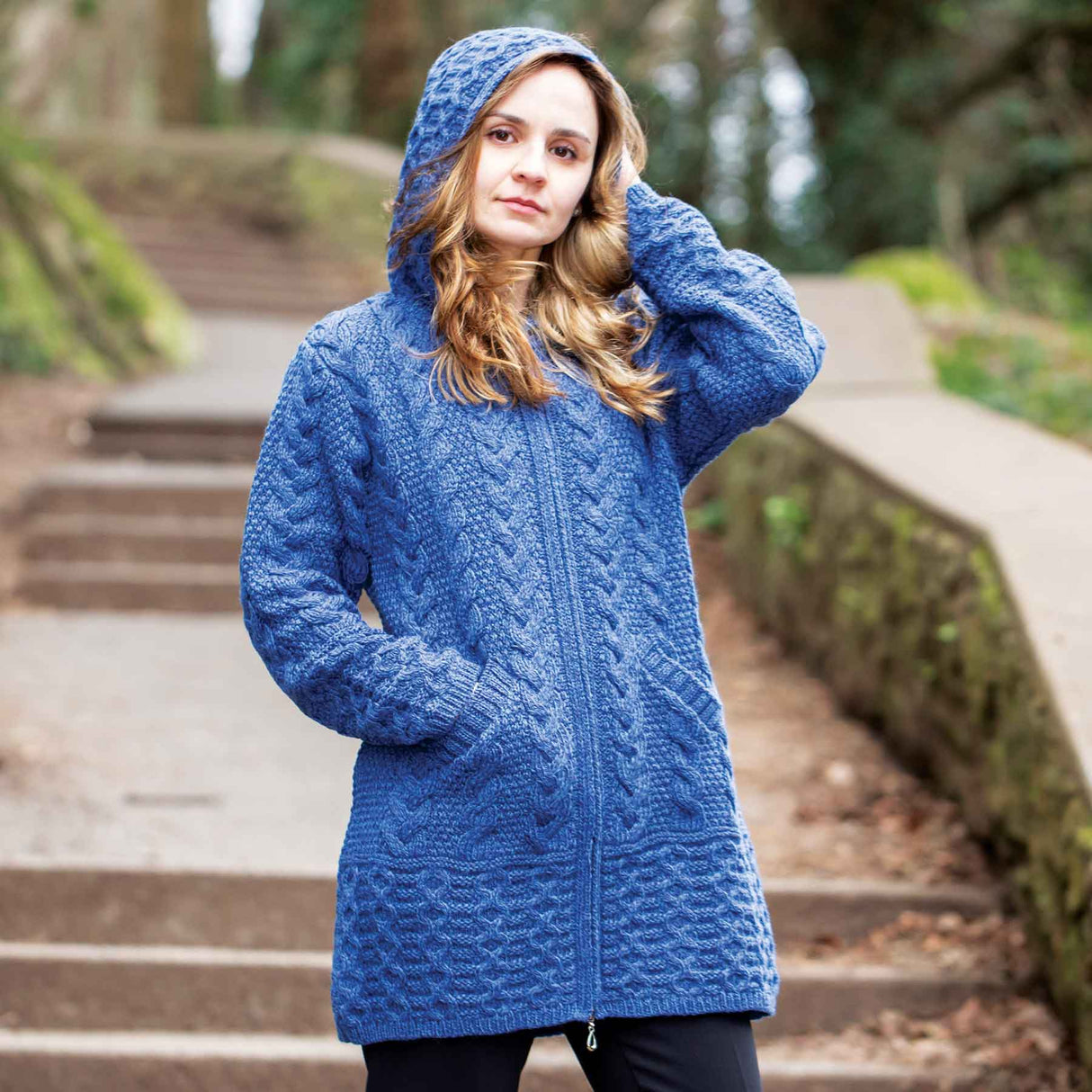 Zip Up Hooded Aran Knit Jacket, Marl Blue - Creative Irish Gifts